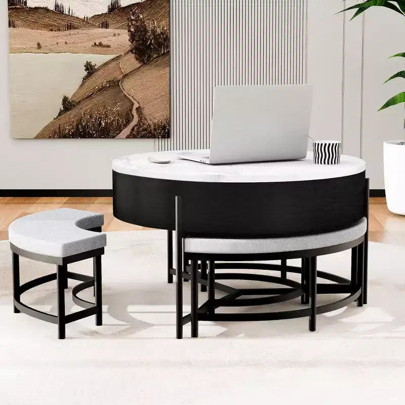 Whisen Modern Round Lift-Top Coffee Table with Hidden Storage & 3 Ottoman Set