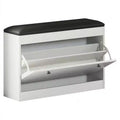 Shoe Storage Bench with Cushion, 31.5 Inch Entryway Shoe Organizer Bench with Flip Drawer and Adjustable Shelf, Wooden Shoe Cabinet for Hallway