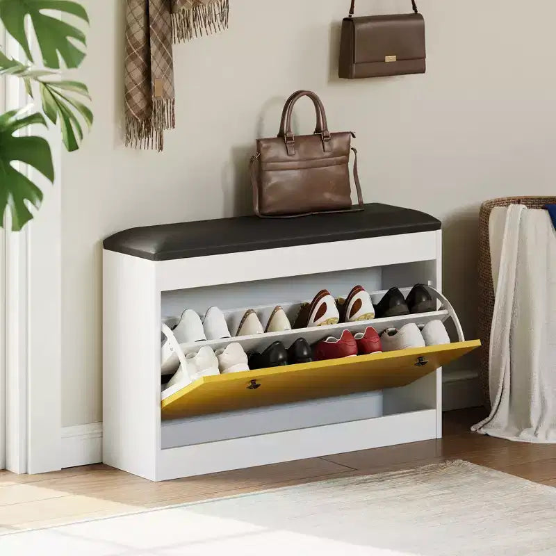 Banc de rangement pour chaussures avec coussin, banc de rangement pour chaussures d'entrée de 80 cm avec tiroir basculant et étagère réglable, armoire à chaussures en bois pour couloir