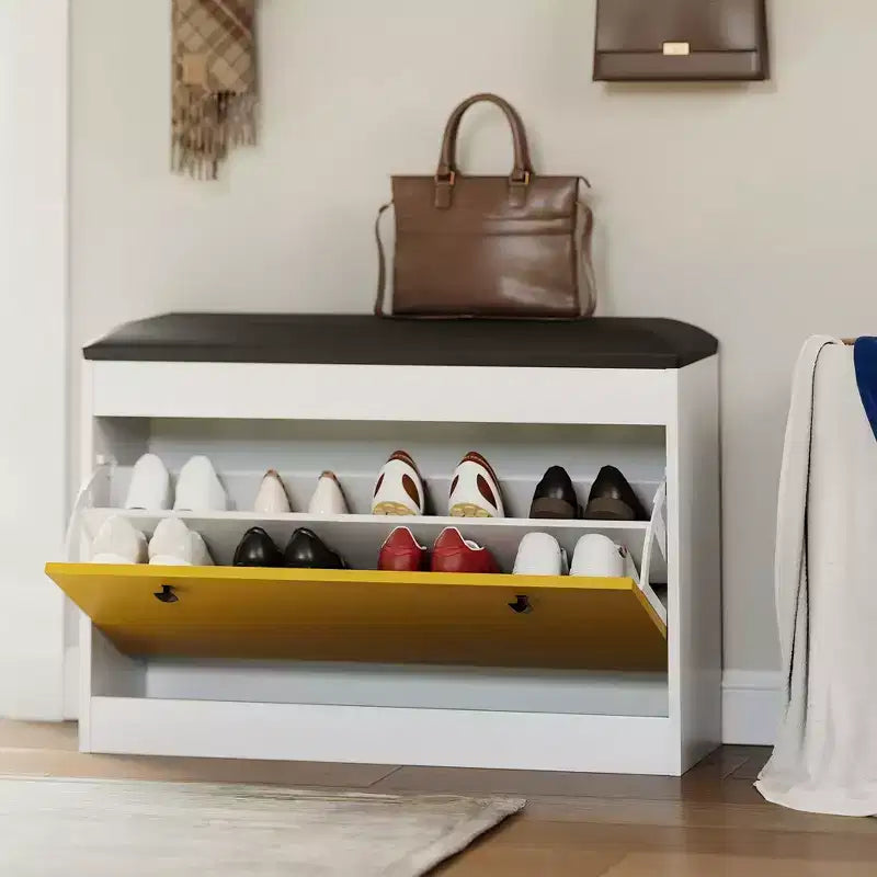 Banc de rangement pour chaussures avec coussin, banc de rangement pour chaussures d'entrée de 80 cm avec tiroir basculant et étagère réglable, armoire à chaussures en bois pour couloir