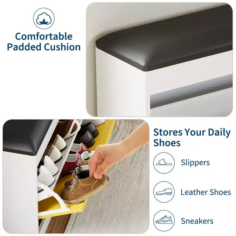 Banc de rangement pour chaussures avec coussin, banc de rangement pour chaussures d'entrée de 80 cm avec tiroir basculant et étagère réglable, armoire à chaussures en bois pour couloir