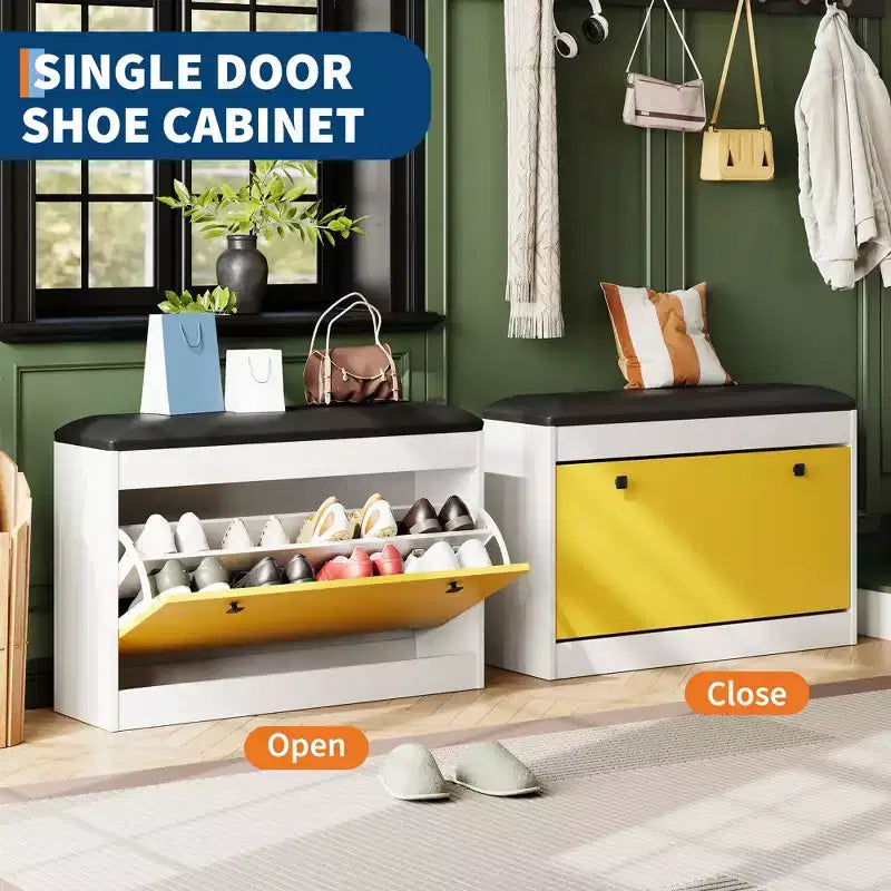 Banc de rangement pour chaussures avec coussin, banc de rangement pour chaussures d'entrée de 80 cm avec tiroir basculant et étagère réglable, armoire à chaussures en bois pour couloir