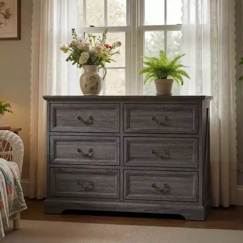 Famapy Farmhouse 6-Drawer Dresser,Chest of Drawers,Vintage Brass Handles,Storage Cabinet for Bedroom, Living Room & Entryway