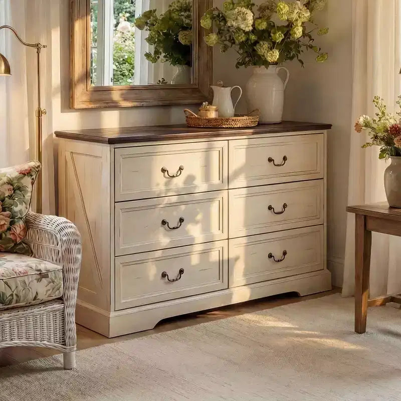 Commode de ferme Famapy à 6 tiroirs, commode, poignées en laiton vintage, armoire de rangement pour chambre, salon et entrée