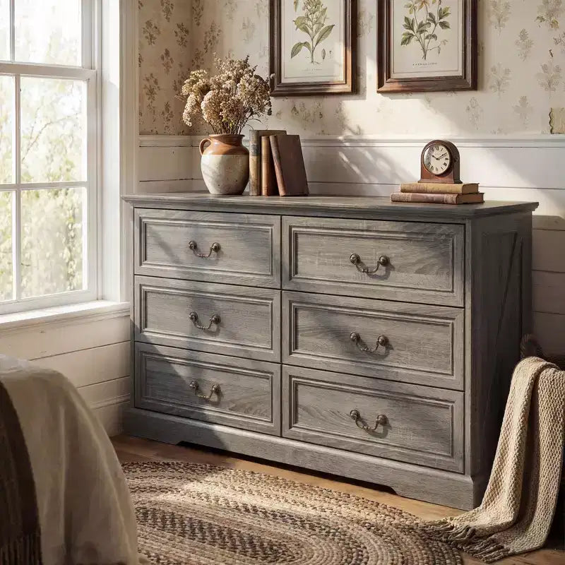 Commode de ferme Famapy à 6 tiroirs, commode, poignées en laiton vintage, armoire de rangement pour chambre, salon et entrée