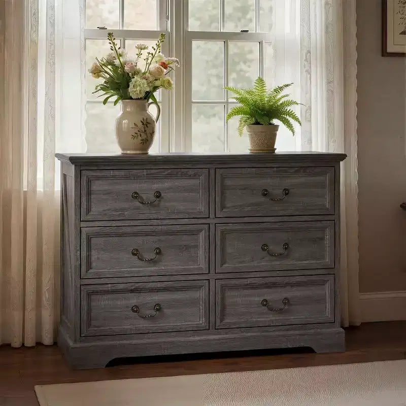 Commode de ferme Famapy à 6 tiroirs, commode, poignées en laiton vintage, armoire de rangement pour chambre, salon et entrée