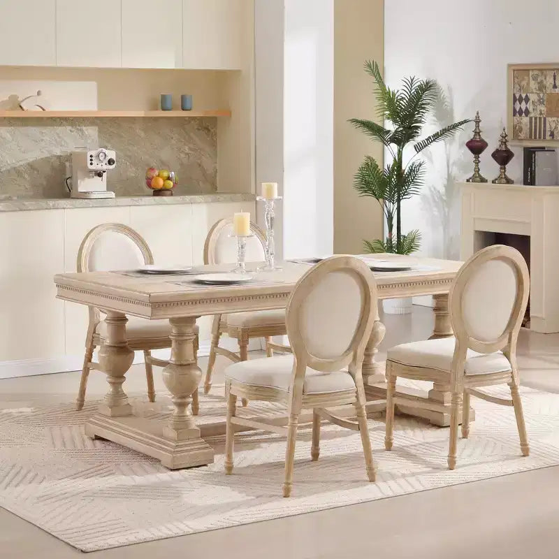 Ora Maison Lot de 2 chaises de salle à manger de style campagnard français, chaises rembourrées à dossier rond sculpté, beige
