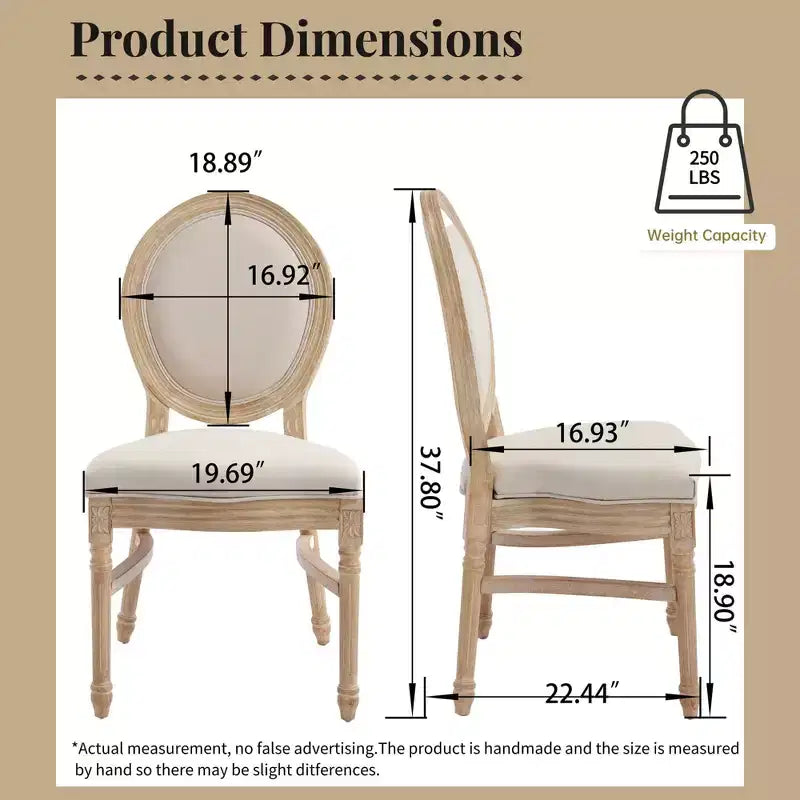 Ora Maison Lot de 2 chaises de salle à manger de style campagnard français, chaises rembourrées à dossier rond sculpté, beige