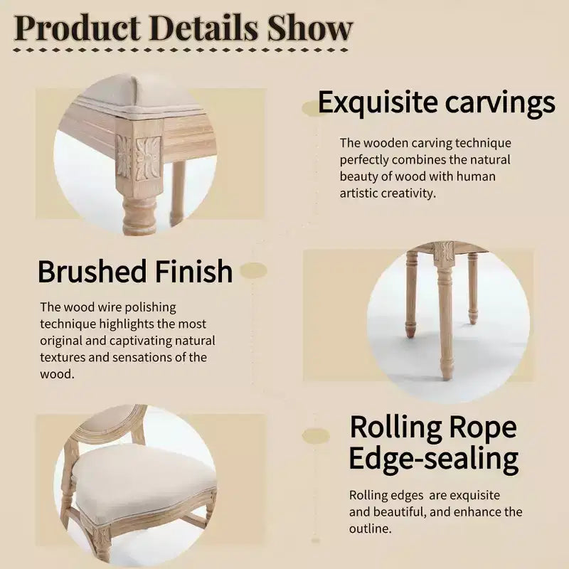 Ora Maison Lot de 2 chaises de salle à manger de style campagnard français, chaises rembourrées à dossier rond sculpté, beige