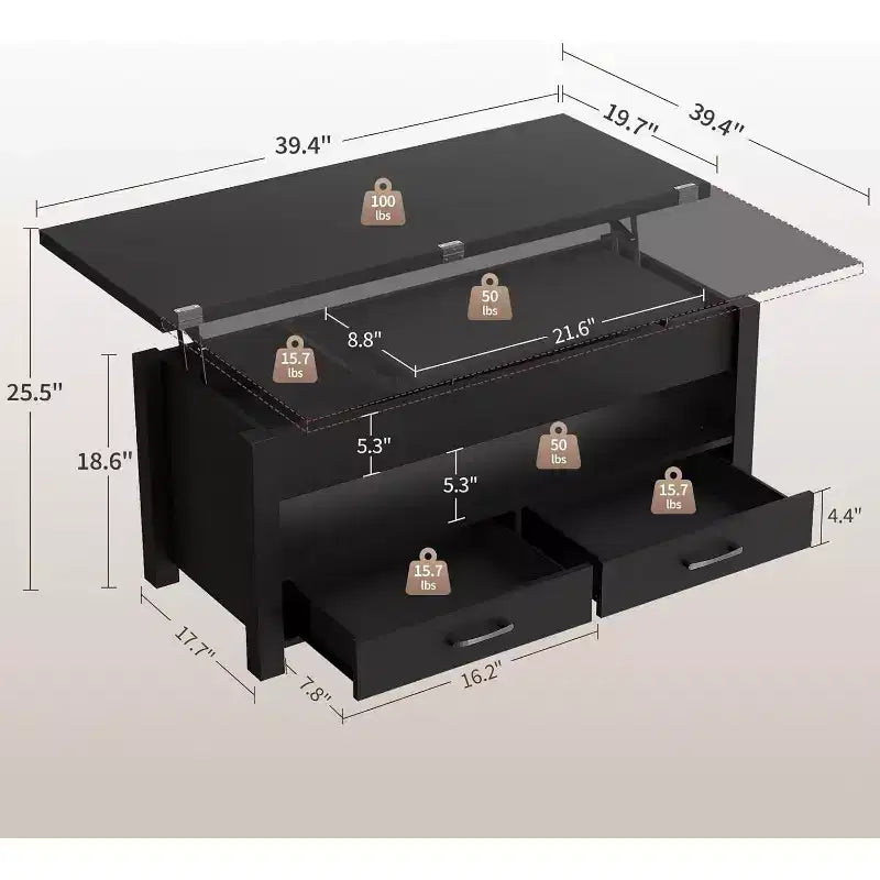 Table basse relevable séparée de 100 cm, surface pivotante à 180° se transformant en bureau de salle à manger, 2 tiroirs avec rangement dissimulé, meuble central de style industriel moderne