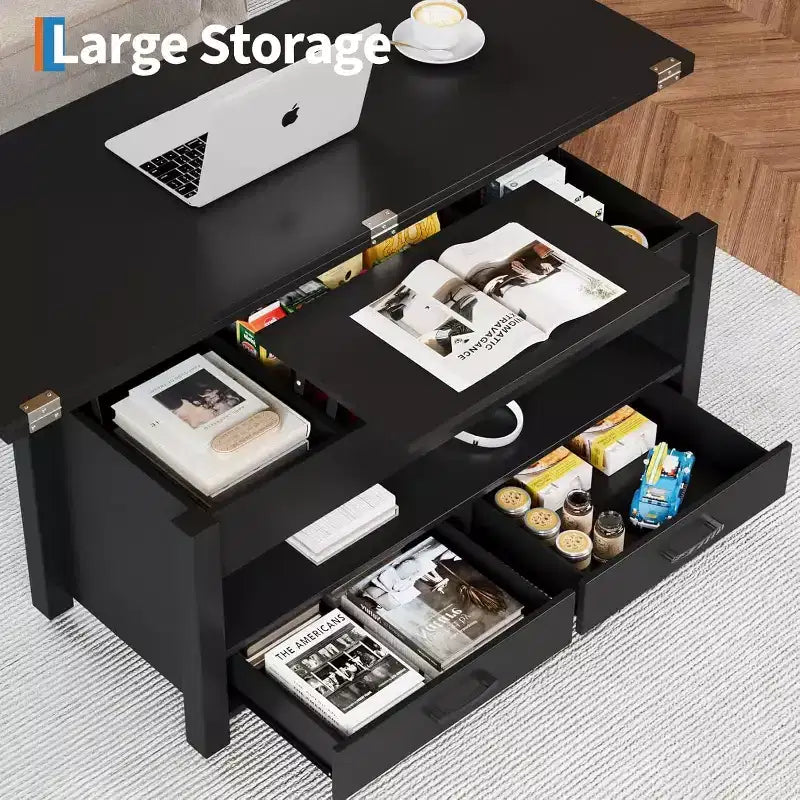 Table basse relevable séparée de 100 cm, surface pivotante à 180° se transformant en bureau de salle à manger, 2 tiroirs avec rangement dissimulé, meuble central de style industriel moderne