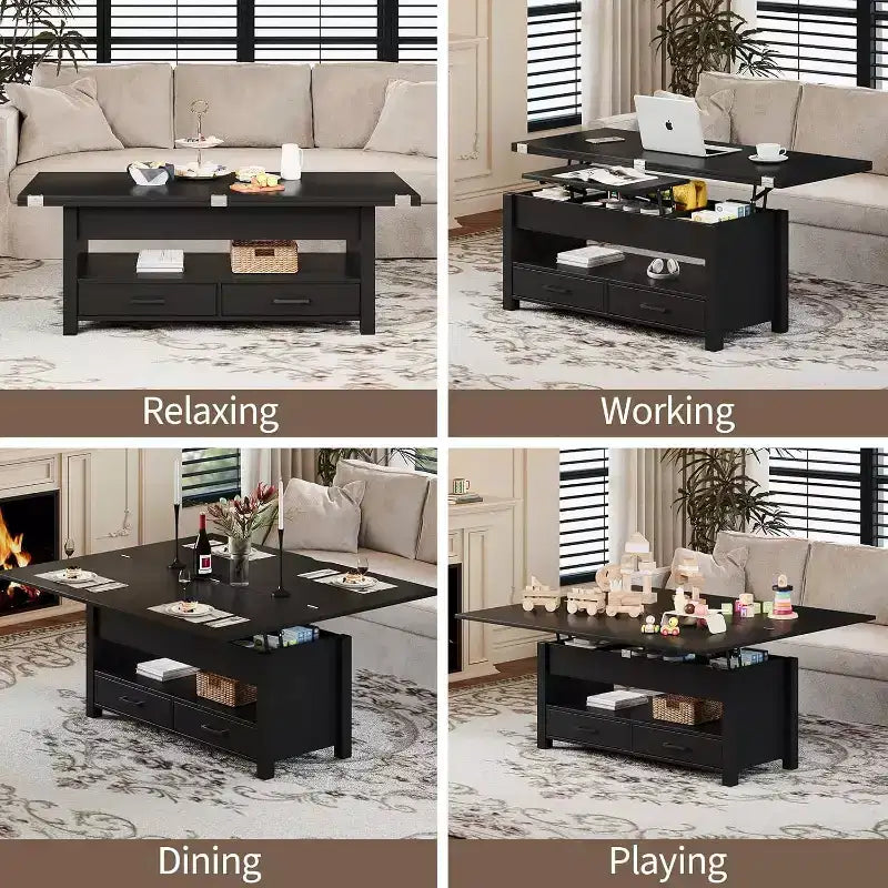 Table basse relevable séparée de 100 cm, surface pivotante à 180° se transformant en bureau de salle à manger, 2 tiroirs avec rangement dissimulé, meuble central de style industriel moderne
