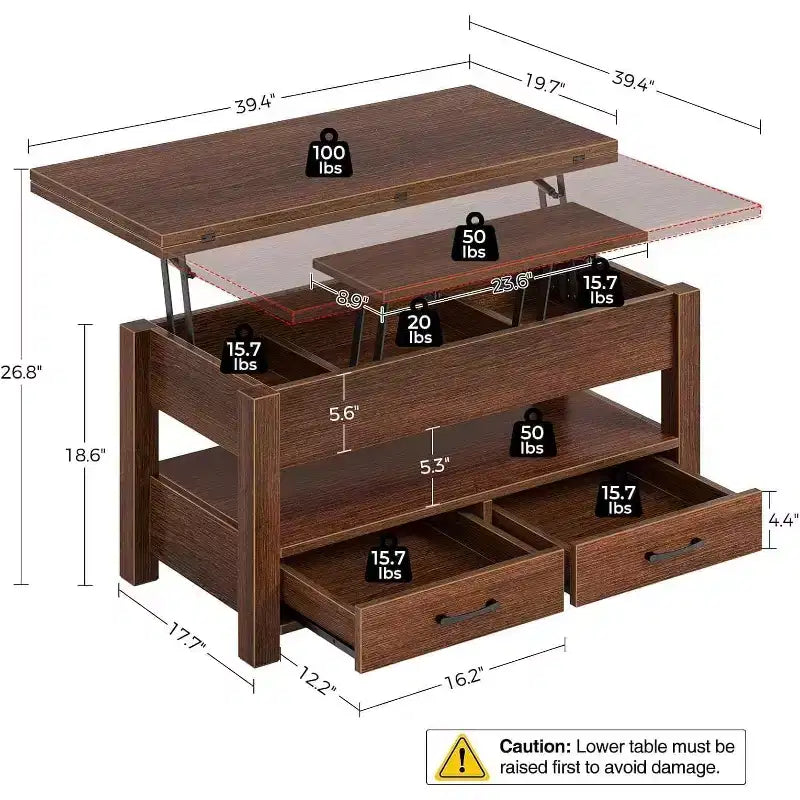 Table basse relevable séparée de 100 cm, surface pivotante à 180° se transformant en bureau de salle à manger, 2 tiroirs avec rangement dissimulé, meuble central de style industriel moderne