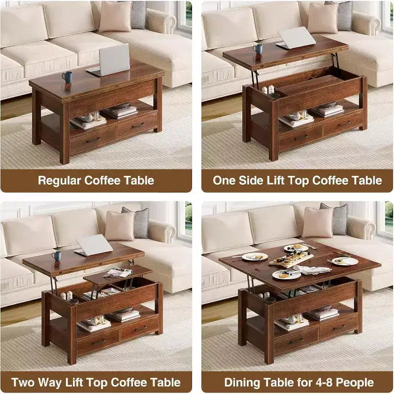 Table basse relevable séparée de 100 cm, surface pivotante à 180° se transformant en bureau de salle à manger, 2 tiroirs avec rangement dissimulé, meuble central de style industriel moderne