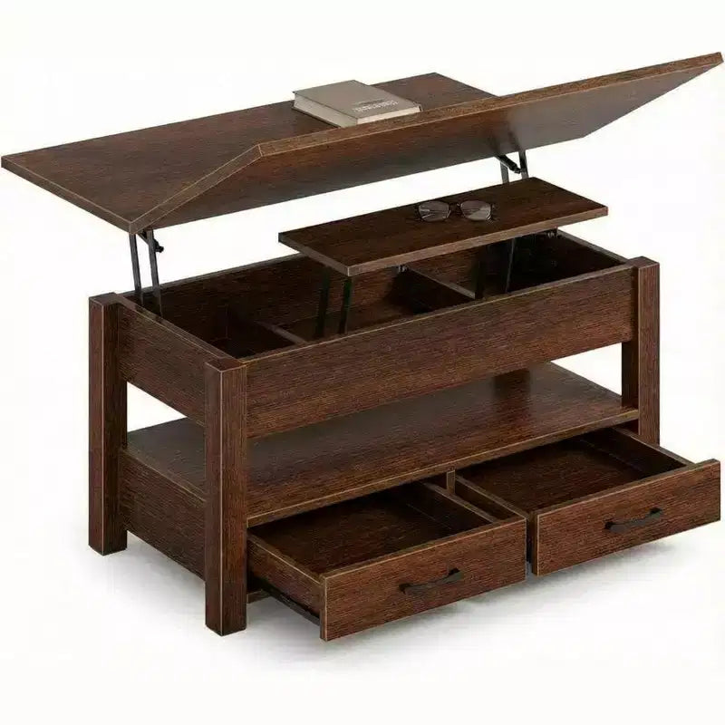 Table basse relevable séparée de 100 cm, surface pivotante à 180° se transformant en bureau de salle à manger, 2 tiroirs avec rangement dissimulé, meuble central de style industriel moderne