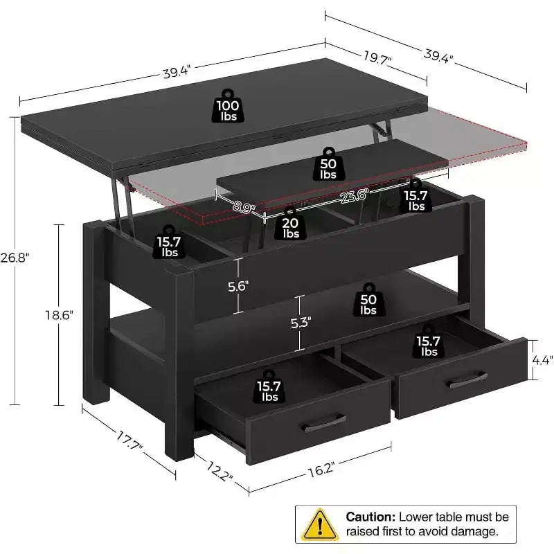 Table basse relevable séparée de 100 cm, surface pivotante à 180° se transformant en bureau de salle à manger, 2 tiroirs avec rangement dissimulé, meuble central de style industriel moderne