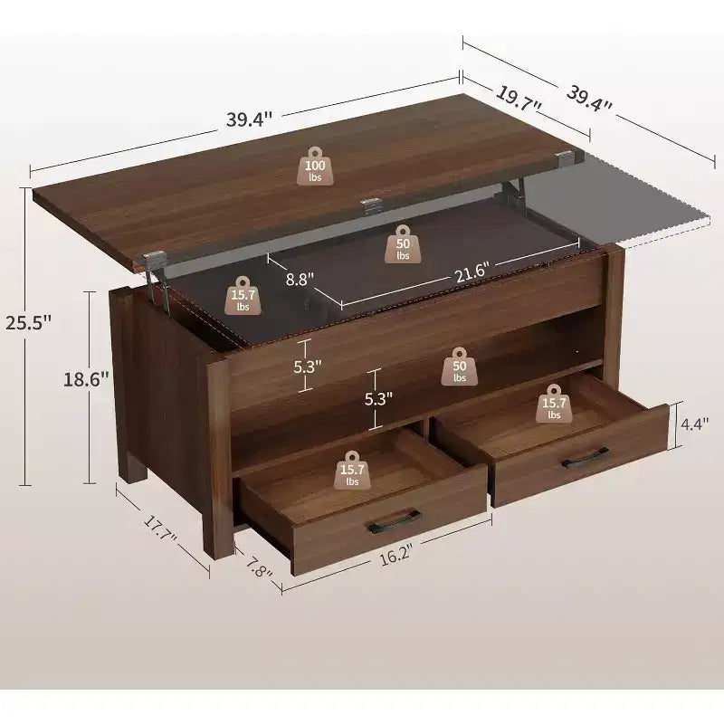 Table basse relevable séparée de 100 cm, surface pivotante à 180° se transformant en bureau de salle à manger, 2 tiroirs avec rangement dissimulé, meuble central de style industriel moderne