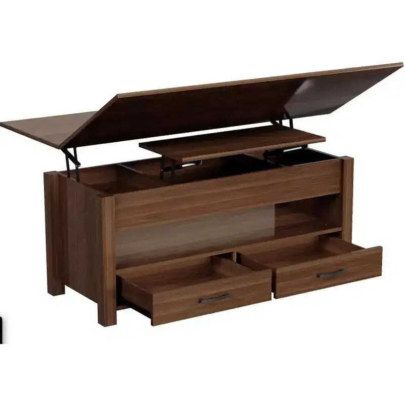 Table basse relevable séparée de 100 cm, surface pivotante à 180° se transformant en bureau de salle à manger, 2 tiroirs avec rangement dissimulé, meuble central de style industriel moderne
