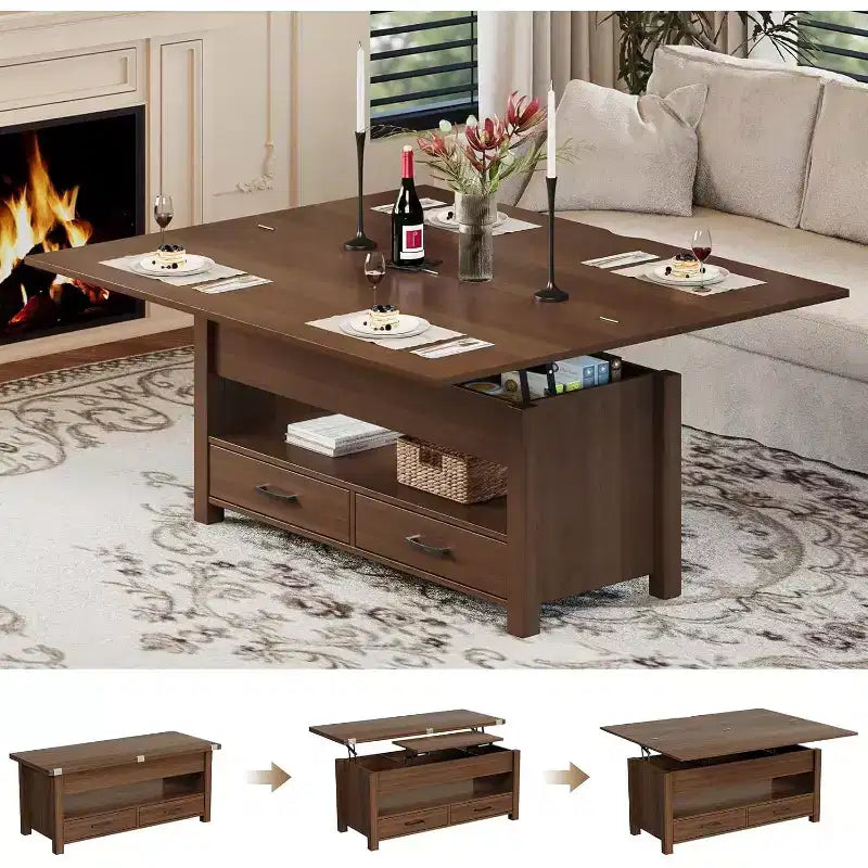 Table basse relevable séparée de 100 cm, surface pivotante à 180° se transformant en bureau de salle à manger, 2 tiroirs avec rangement dissimulé, meuble central de style industriel moderne