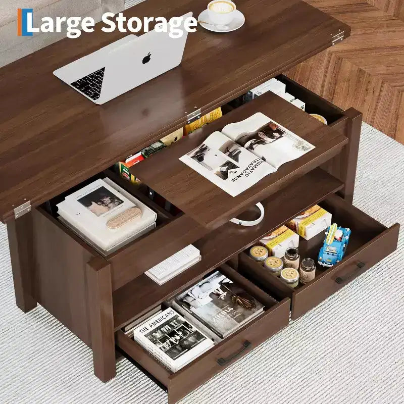 Table basse relevable séparée de 100 cm, surface pivotante à 180° se transformant en bureau de salle à manger, 2 tiroirs avec rangement dissimulé, meuble central de style industriel moderne
