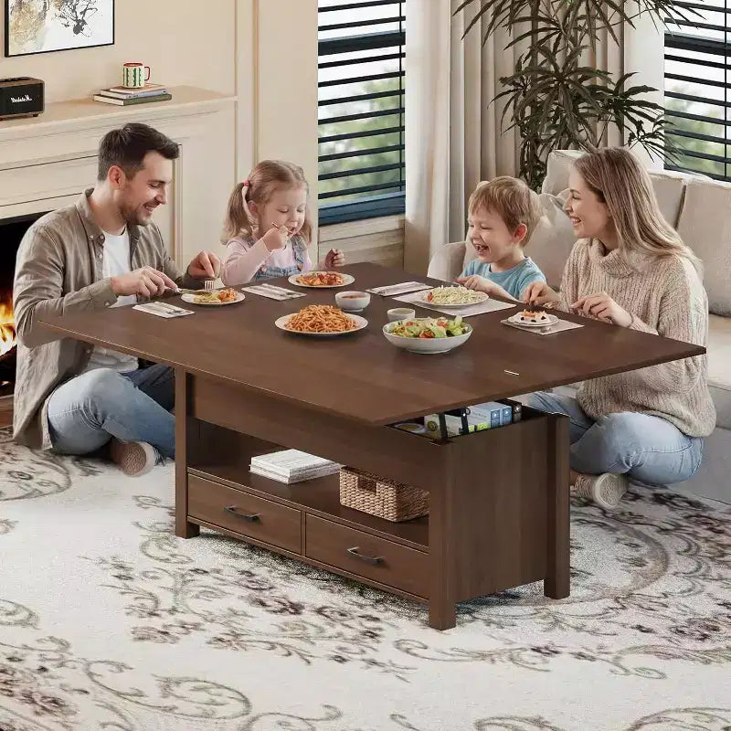 Table basse relevable séparée de 100 cm, surface pivotante à 180° se transformant en bureau de salle à manger, 2 tiroirs avec rangement dissimulé, meuble central de style industriel moderne