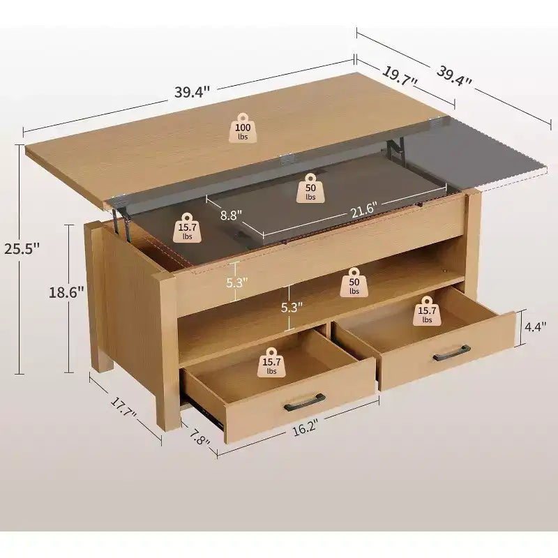 Table basse relevable séparée de 100 cm, surface pivotante à 180° se transformant en bureau de salle à manger, 2 tiroirs avec rangement dissimulé, meuble central de style industriel moderne