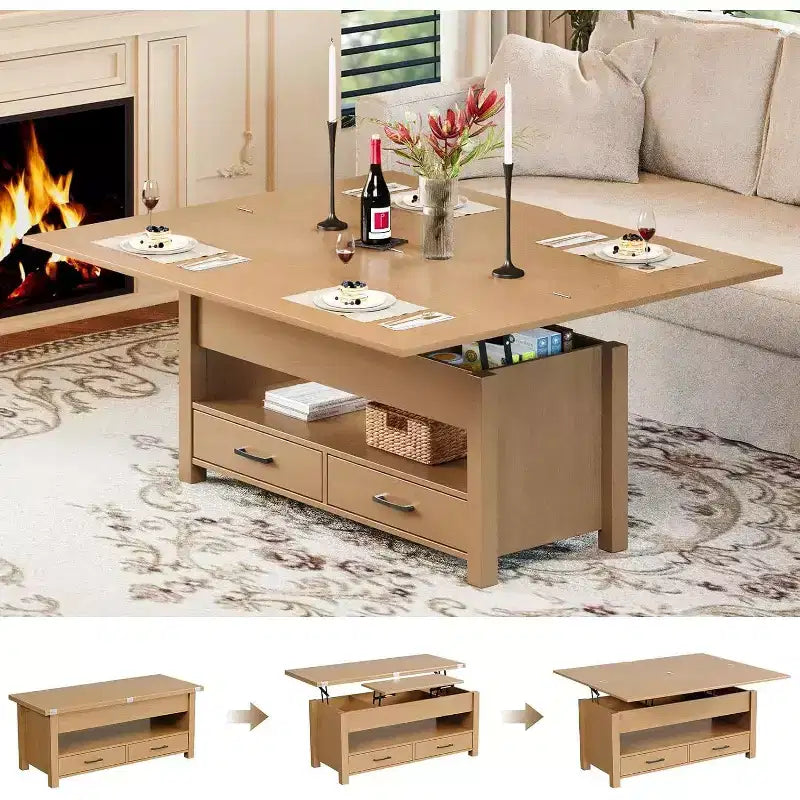 Table basse relevable séparée de 100 cm, surface pivotante à 180° se transformant en bureau de salle à manger, 2 tiroirs avec rangement dissimulé, meuble central de style industriel moderne