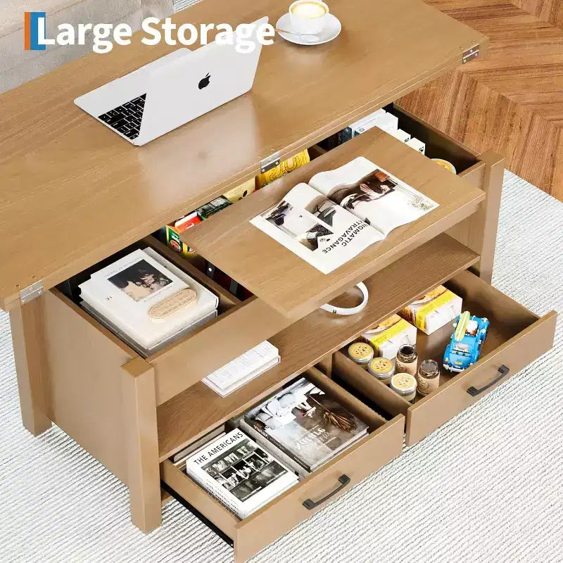 Table basse relevable séparée de 100 cm, surface pivotante à 180° se transformant en bureau de salle à manger, 2 tiroirs avec rangement dissimulé, meuble central de style industriel moderne