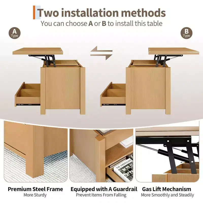 Table basse relevable séparée de 100 cm, surface pivotante à 180° se transformant en bureau de salle à manger, 2 tiroirs avec rangement dissimulé, meuble central de style industriel moderne