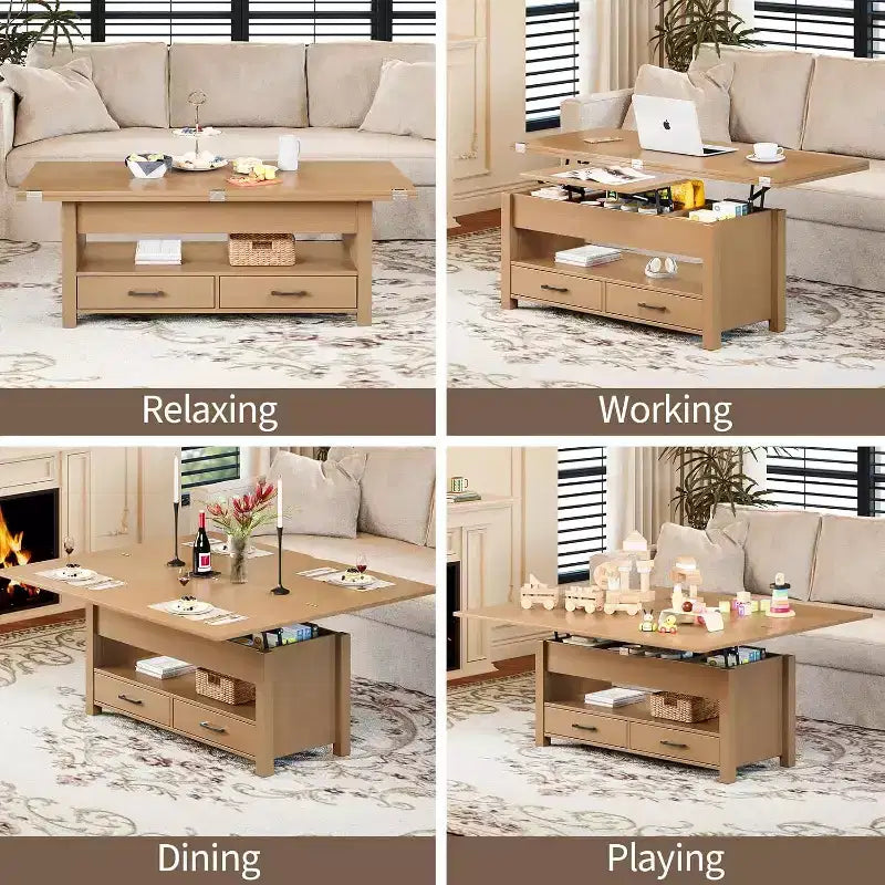 Table basse relevable séparée de 100 cm, surface pivotante à 180° se transformant en bureau de salle à manger, 2 tiroirs avec rangement dissimulé, meuble central de style industriel moderne