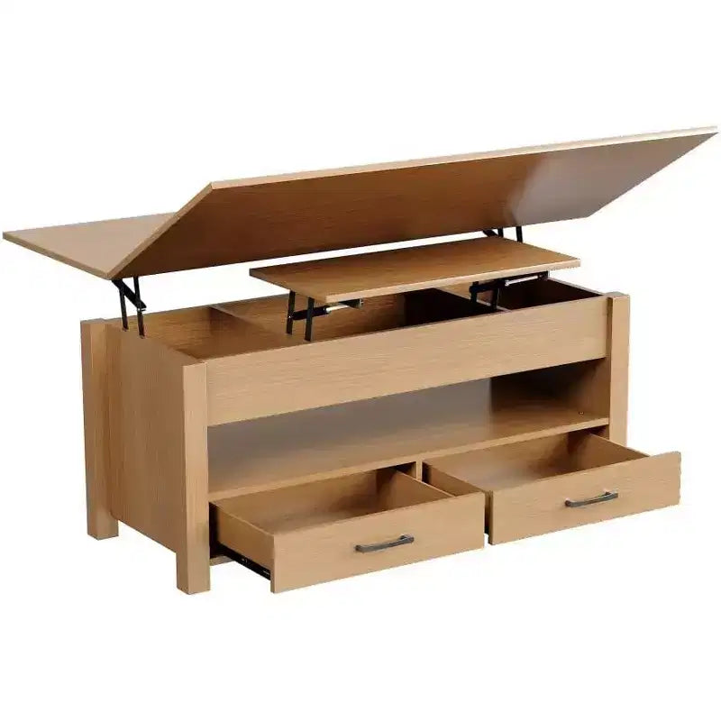 Table basse relevable séparée de 100 cm, surface pivotante à 180° se transformant en bureau de salle à manger, 2 tiroirs avec rangement dissimulé, meuble central de style industriel moderne