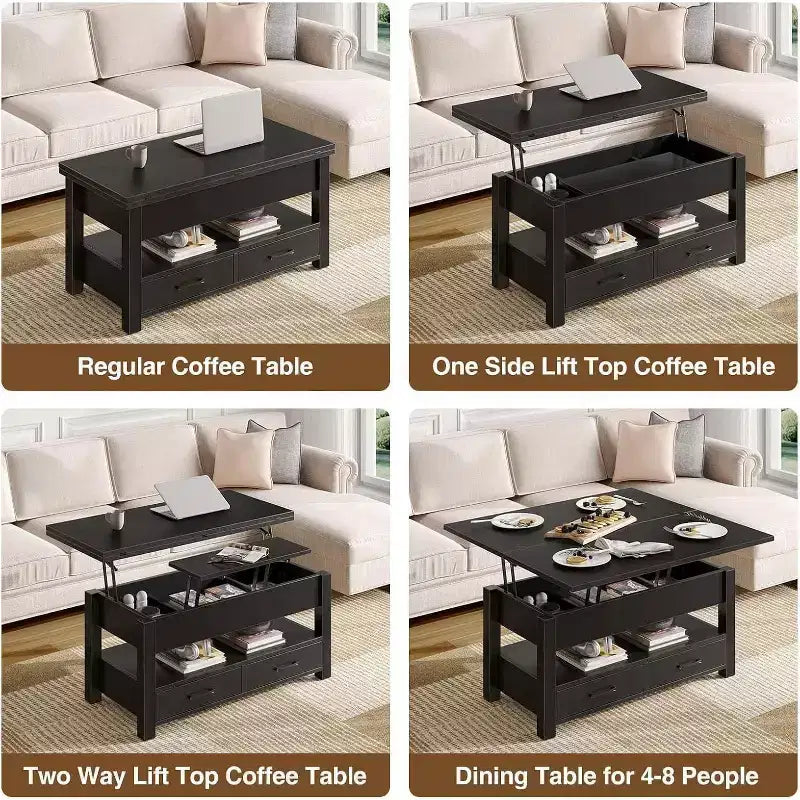 Table basse relevable séparée de 100 cm, surface pivotante à 180° se transformant en bureau de salle à manger, 2 tiroirs avec rangement dissimulé, meuble central de style industriel moderne