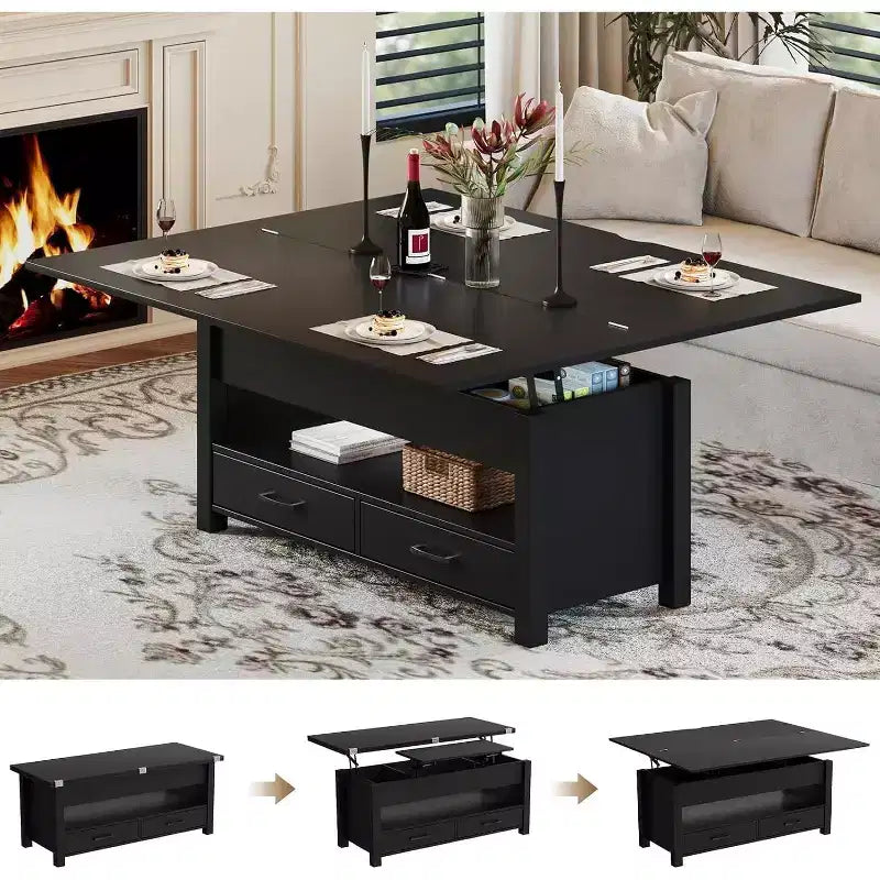 Table basse relevable séparée de 100 cm, surface pivotante à 180° se transformant en bureau de salle à manger, 2 tiroirs avec rangement dissimulé, meuble central de style industriel moderne
