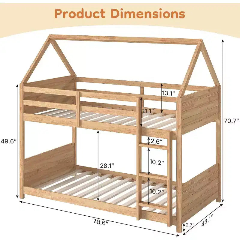 Lit superposé Zevemomo en forme de maison, superposé, pour enfants, avec échelle, barrière de lit pleine longueur, lattes, pour dortoir et chambre à coucher, chêne blanc