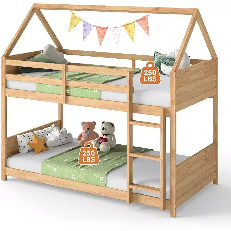 Lit superposé Zevemomo en forme de maison, superposé, pour enfants, avec échelle, barrière de lit pleine longueur, lattes, pour dortoir et chambre à coucher, chêne blanc