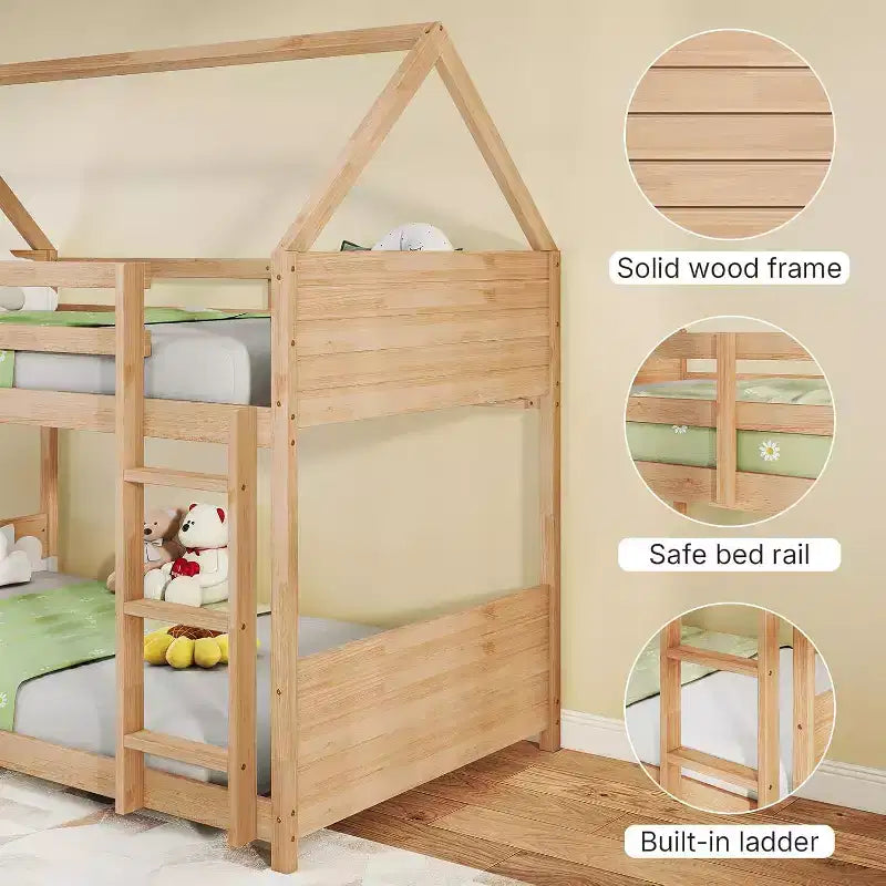 Lit superposé Zevemomo en forme de maison, superposé, pour enfants, avec échelle, barrière de lit pleine longueur, lattes, pour dortoir et chambre à coucher, chêne blanc