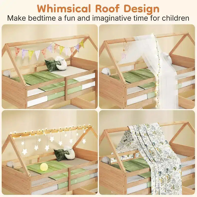 Lit superposé Zevemomo en forme de maison, superposé, pour enfants, avec échelle, barrière de lit pleine longueur, lattes, pour dortoir et chambre à coucher, chêne blanc