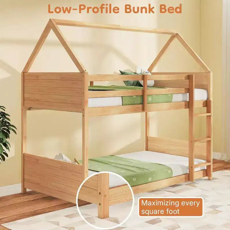 Lit superposé Zevemomo en forme de maison, superposé, pour enfants, avec échelle, barrière de lit pleine longueur, lattes, pour dortoir et chambre à coucher, chêne blanc