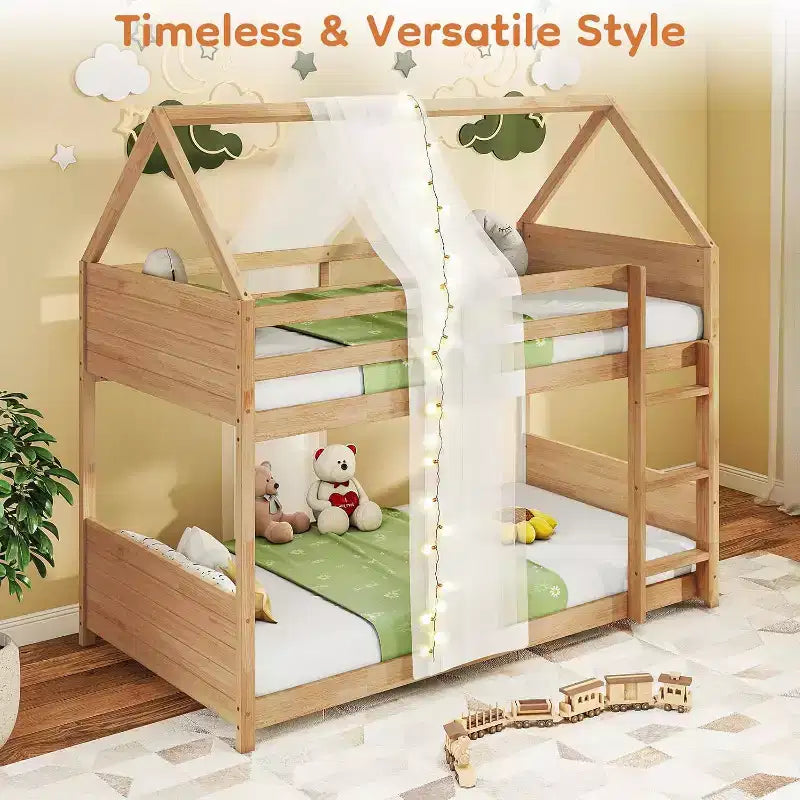 Lit superposé Zevemomo en forme de maison, superposé, pour enfants, avec échelle, barrière de lit pleine longueur, lattes, pour dortoir et chambre à coucher, chêne blanc