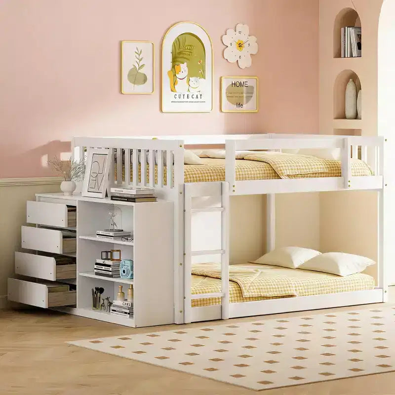 Lit superposé moderne Luxystar, double sur double, avec 4 tiroirs et 3 étagères