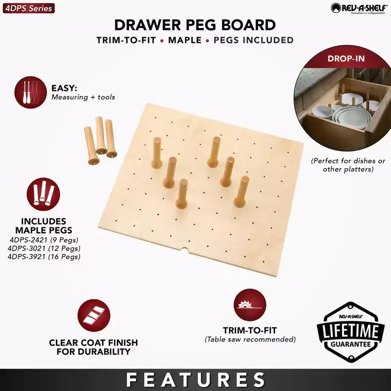 Organiseur de tiroir Rev-A-Shelf Pegboard, séparateur en bois à découper pour ustensiles, casseroles et assiettes