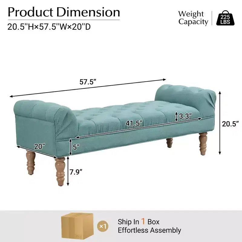 Banc de bout de lit Whisen, banc d'entrée, ottoman rembourré en tissu capitonné, accoudoirs roulés, pieds gourdes, mousse de première qualité, assemblage facile