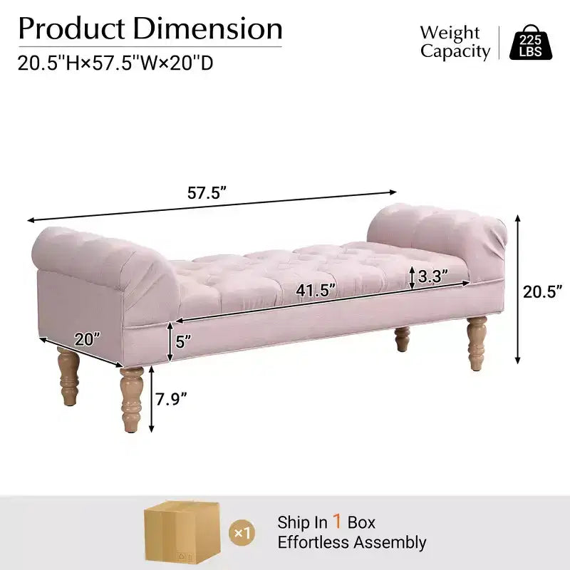 Banc de bout de lit Whisen, banc d'entrée, ottoman rembourré en tissu capitonné, accoudoirs roulés, pieds gourdes, mousse de première qualité, assemblage facile