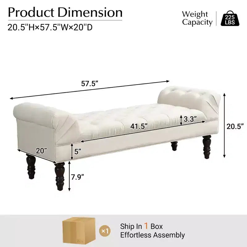 Banc de bout de lit Whisen, banc d'entrée, ottoman rembourré en tissu capitonné, accoudoirs roulés, pieds gourdes, mousse de première qualité, assemblage facile