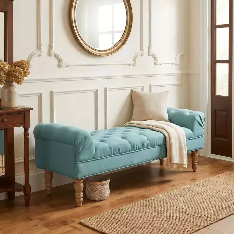 Banc de bout de lit Whisen, banc d'entrée, ottoman rembourré en tissu capitonné, accoudoirs roulés, pieds gourdes, mousse de première qualité, assemblage facile