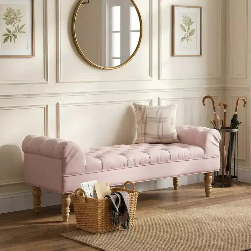 Banc de bout de lit Whisen, banc d'entrée, ottoman rembourré en tissu capitonné, accoudoirs roulés, pieds gourdes, mousse de première qualité, assemblage facile