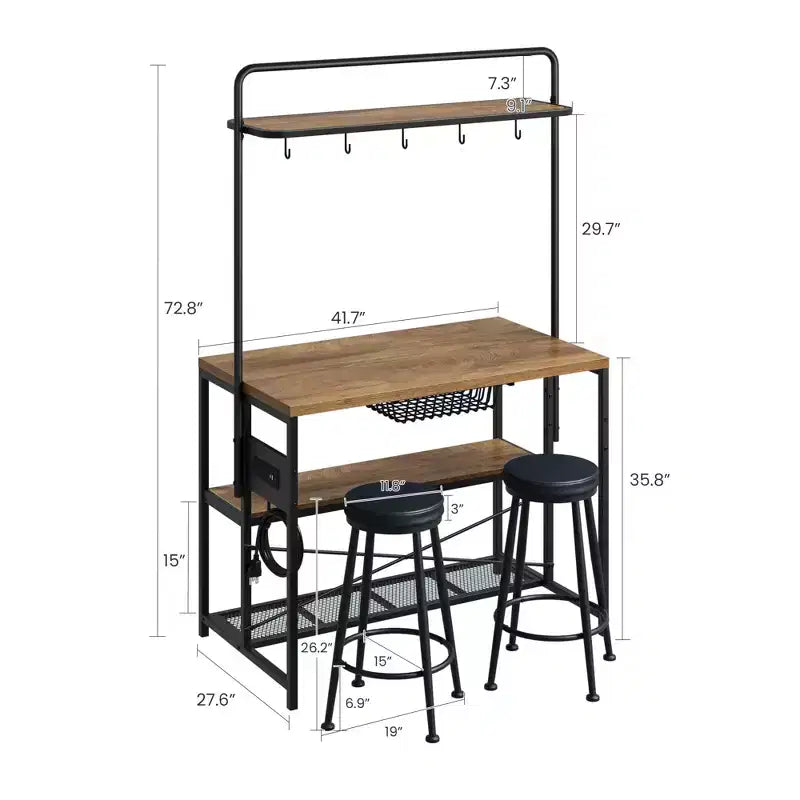 Îlot de cuisine industriel 42 pouces avec prise de courant et 2 tabourets de bar, ensemble de salle à manger 3 pièces avec étagères de rangement, support pour micro-ondes et 5 crochets pour bar à café