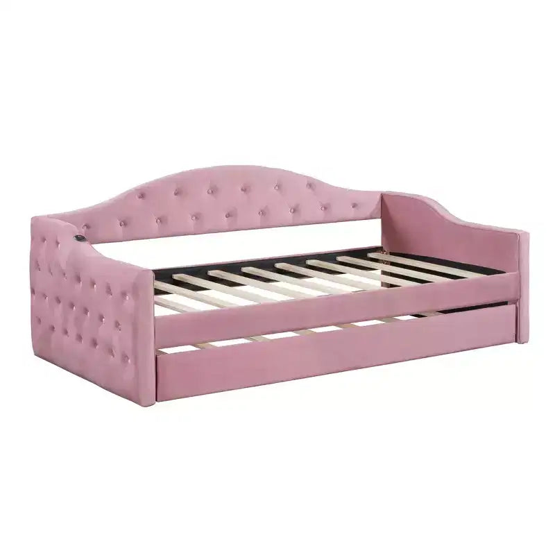 Lit de repos Zeus et Ruta double rembourré avec lit gigogne, canapé-lit en velours avec ports de charge USB