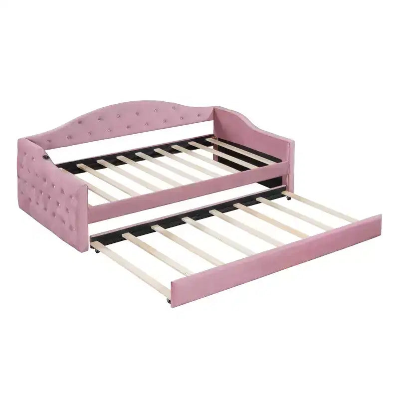 Lit de repos Zeus et Ruta double rembourré avec lit gigogne, canapé-lit en velours avec ports de charge USB