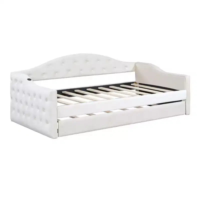 Lit de repos Zeus et Ruta double rembourré avec lit gigogne, canapé-lit en velours avec ports de charge USB